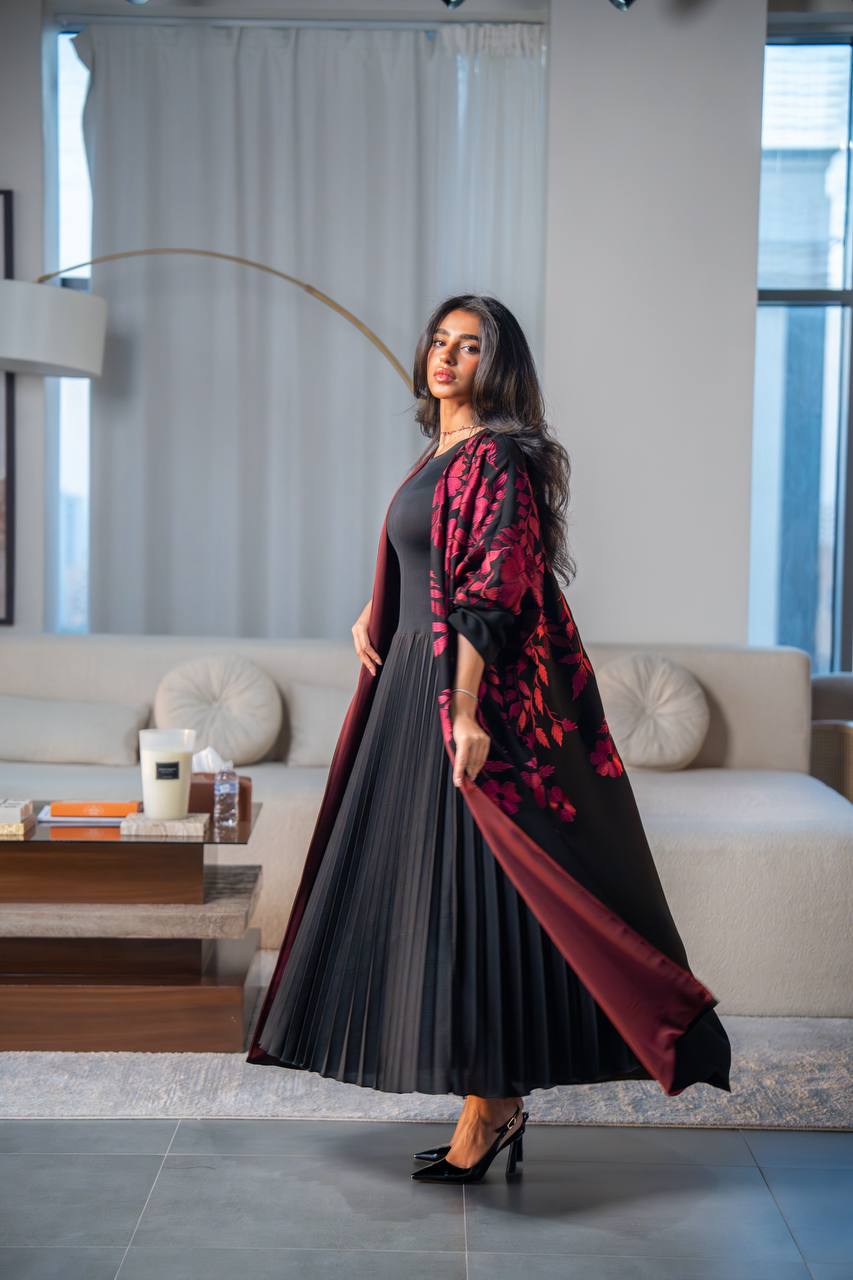 Black crepe abaya with red embroidery.C:6689