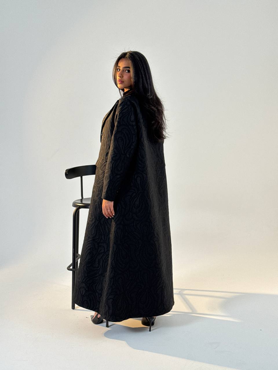 Black crepe jacquard blazer abaya.C:6693