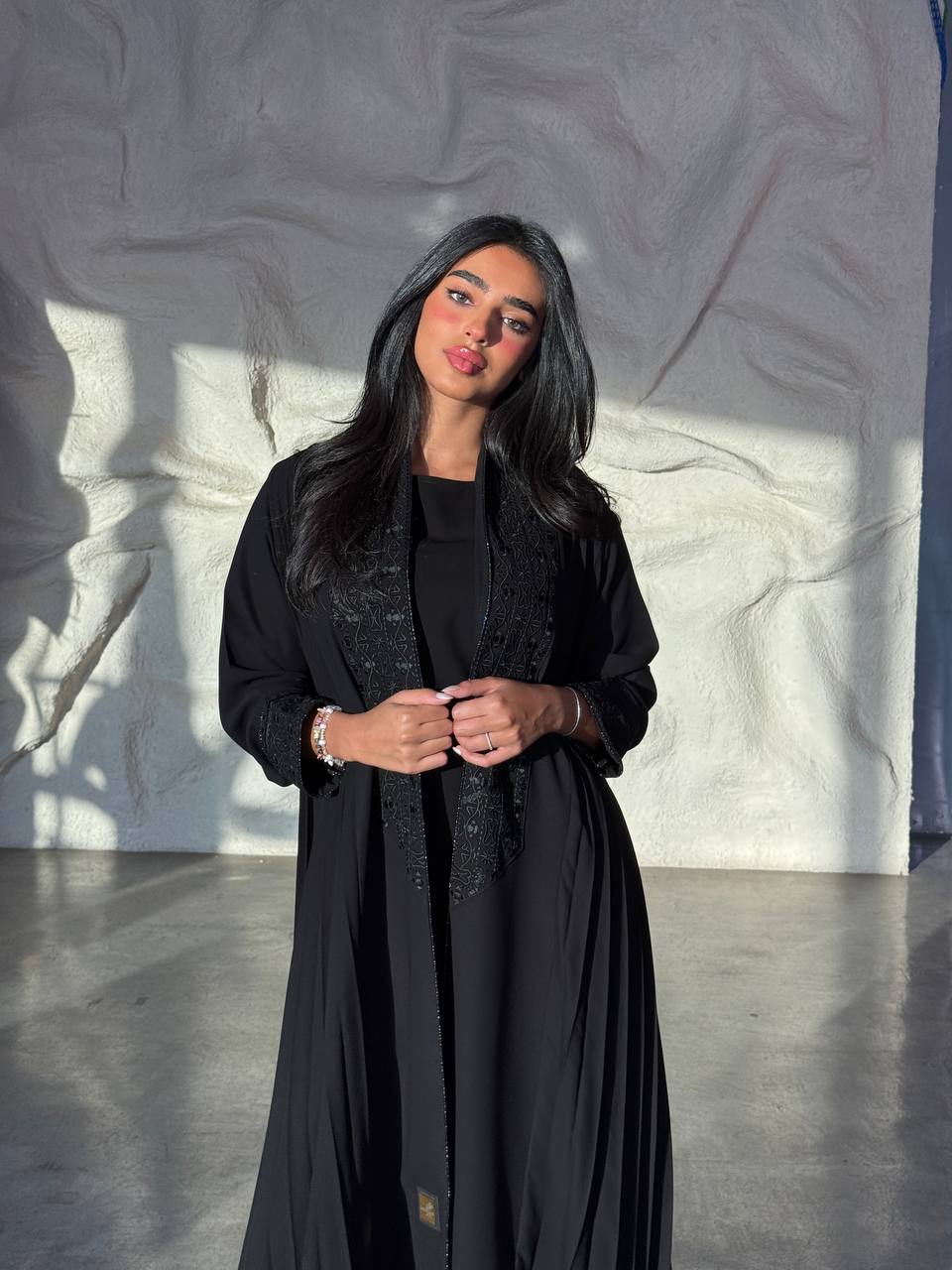 Crepe abaya with blouse and pants, in black.C:6659 Set