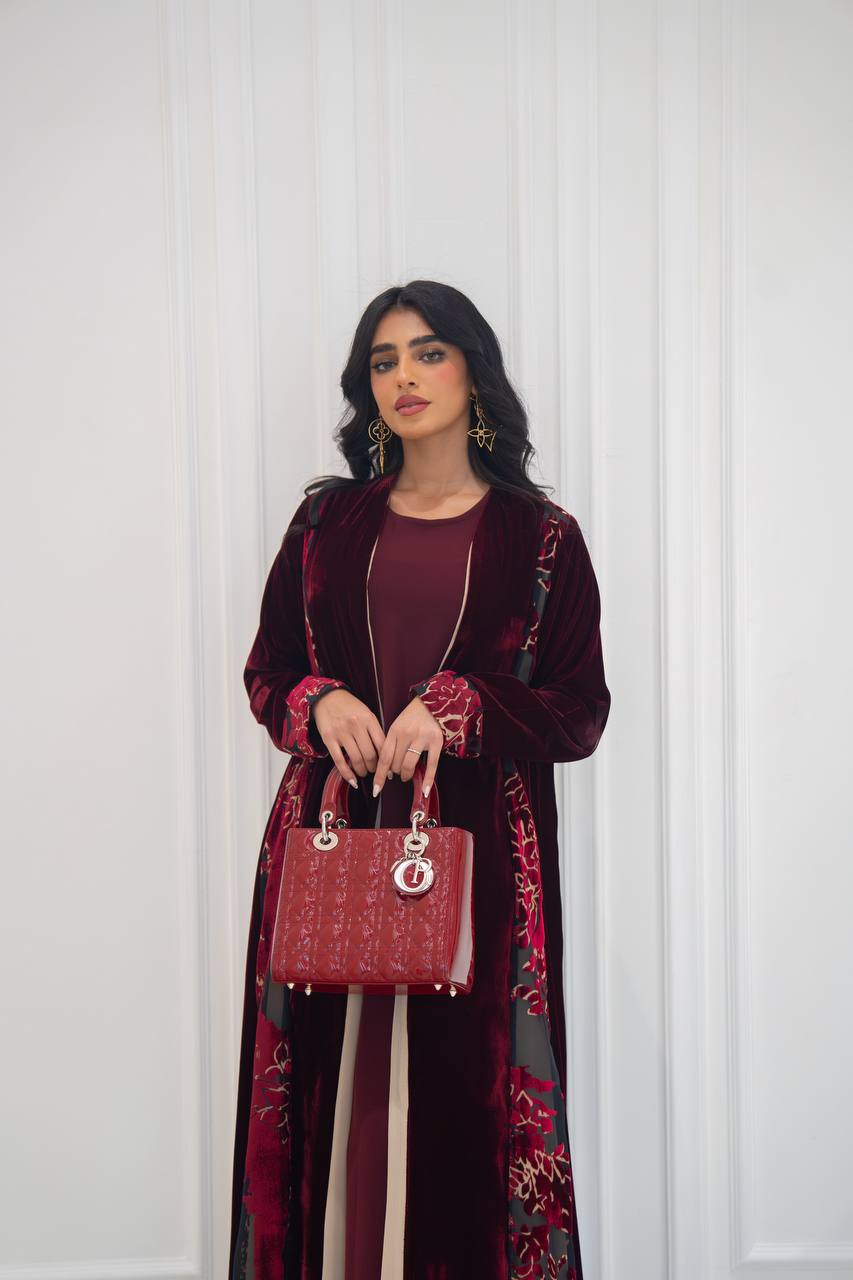 Burgundy velvet abaya. C:6573
