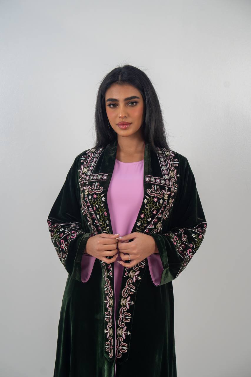 Embroidered velvet abaya, olive green. C:6708