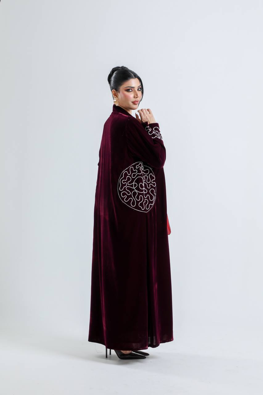 Burgundy and beige velvet abaya with hand embroidery. C:6724