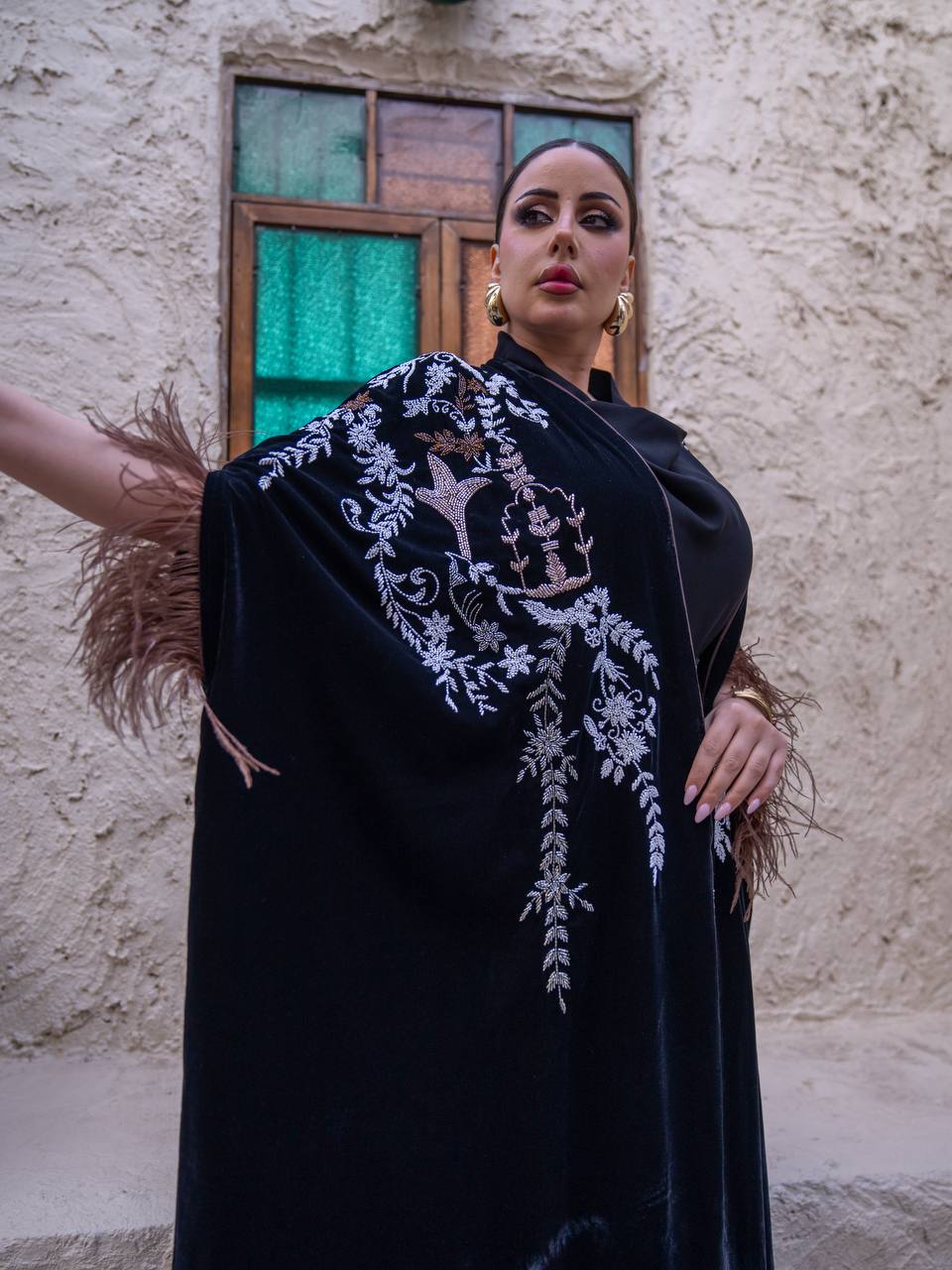 Velvet bisht and jumpsuit set in black with hand embellishment.C:6719