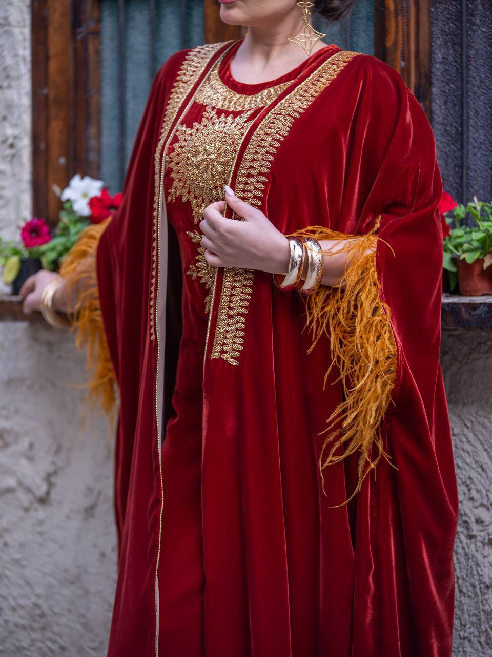 Bisht and dress set in burgundy velvet with hand embellishment.C:6714