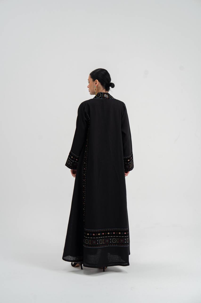 Linen abaya in black with embroidery.C:6746