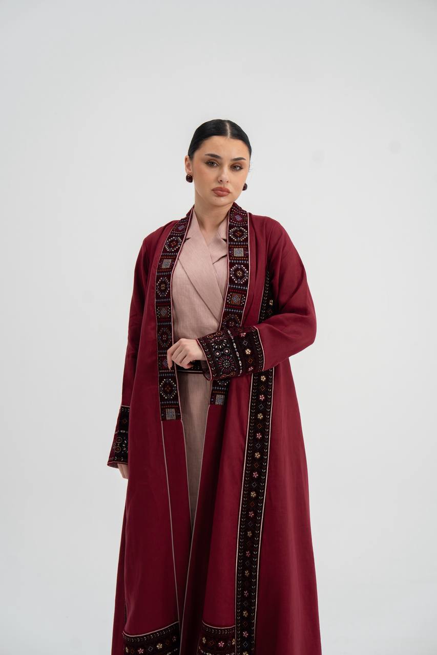 Red linen abaya with embroidery. C:6746