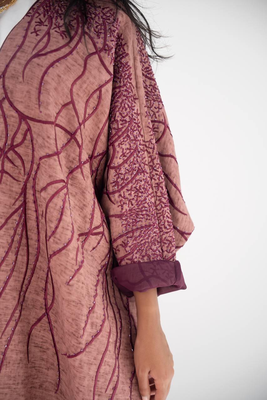 Flesh-colored linen bisht abaya with beading and embroidery C:6648