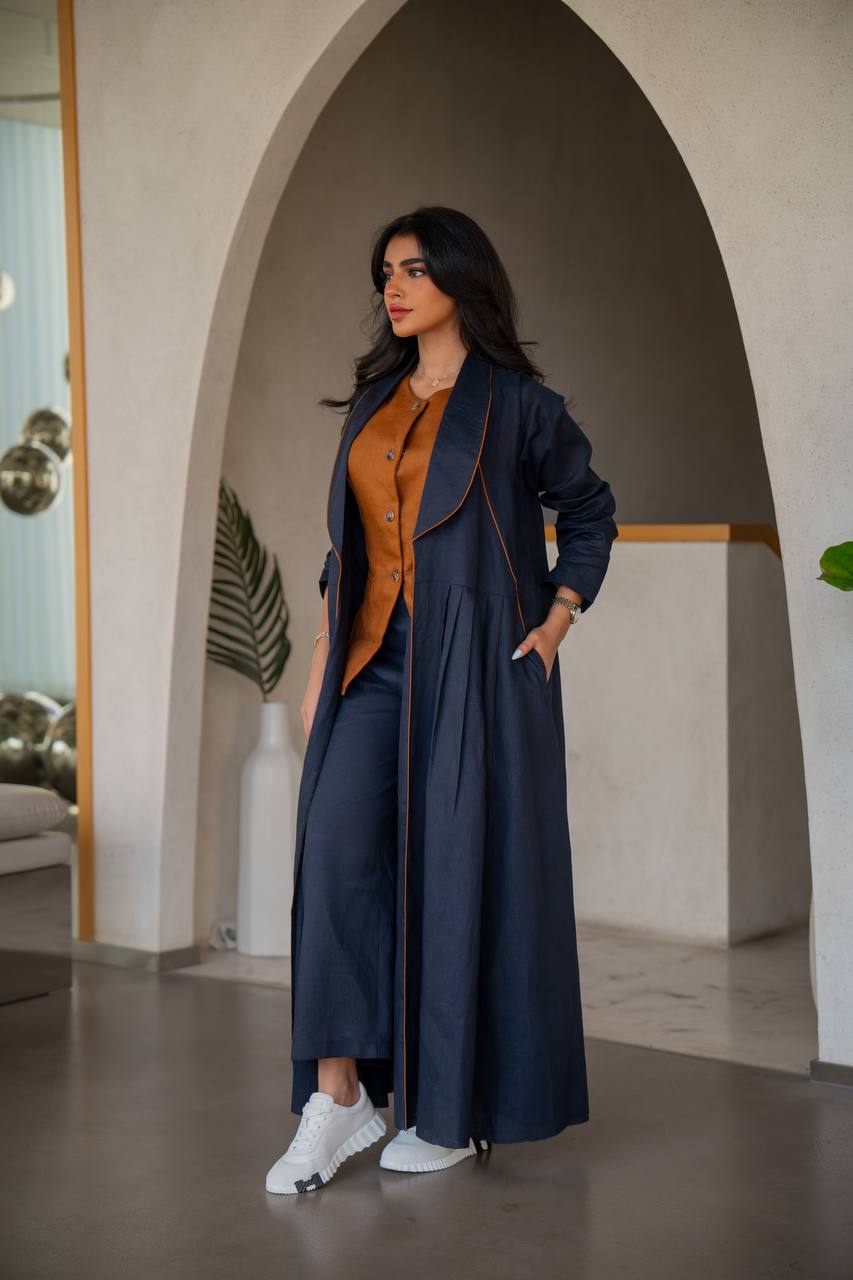 Navy blue linen abaya with inner set C:6633 Blue