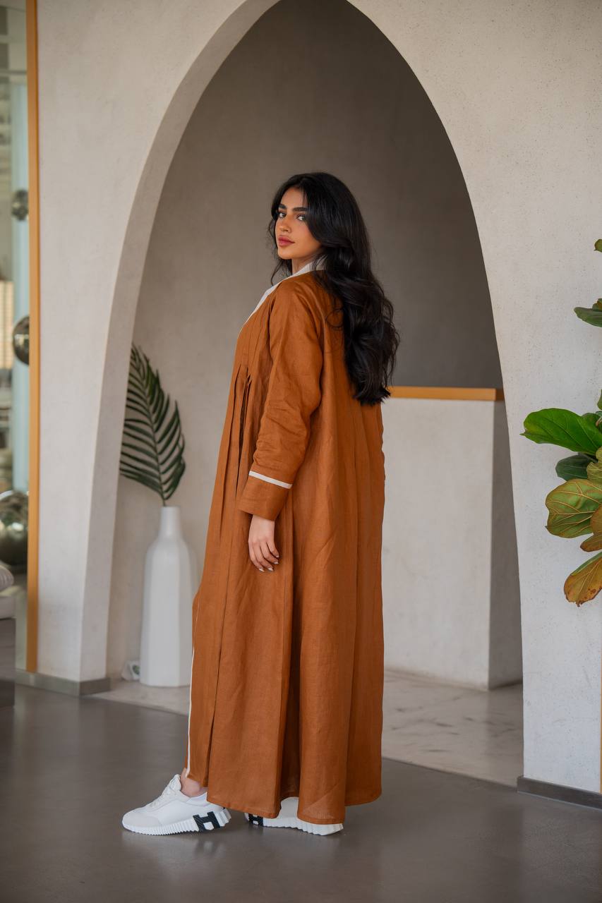 Abaya with inner set made of linen in camel and beige C:6636