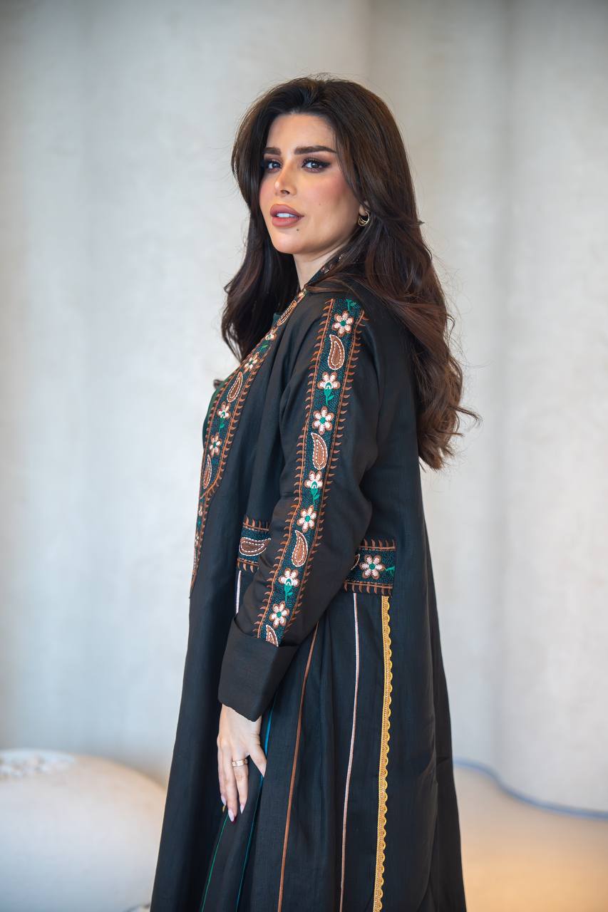 Black linen abaya with embroidery C:6620