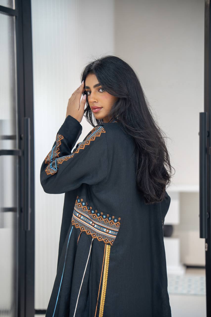 Black linen abaya with embroidery C:6605