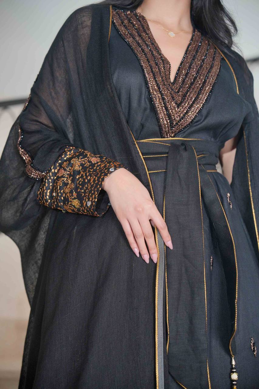 Burlap Bisht with Black Linen Dress with Hand Embroidery C:6613