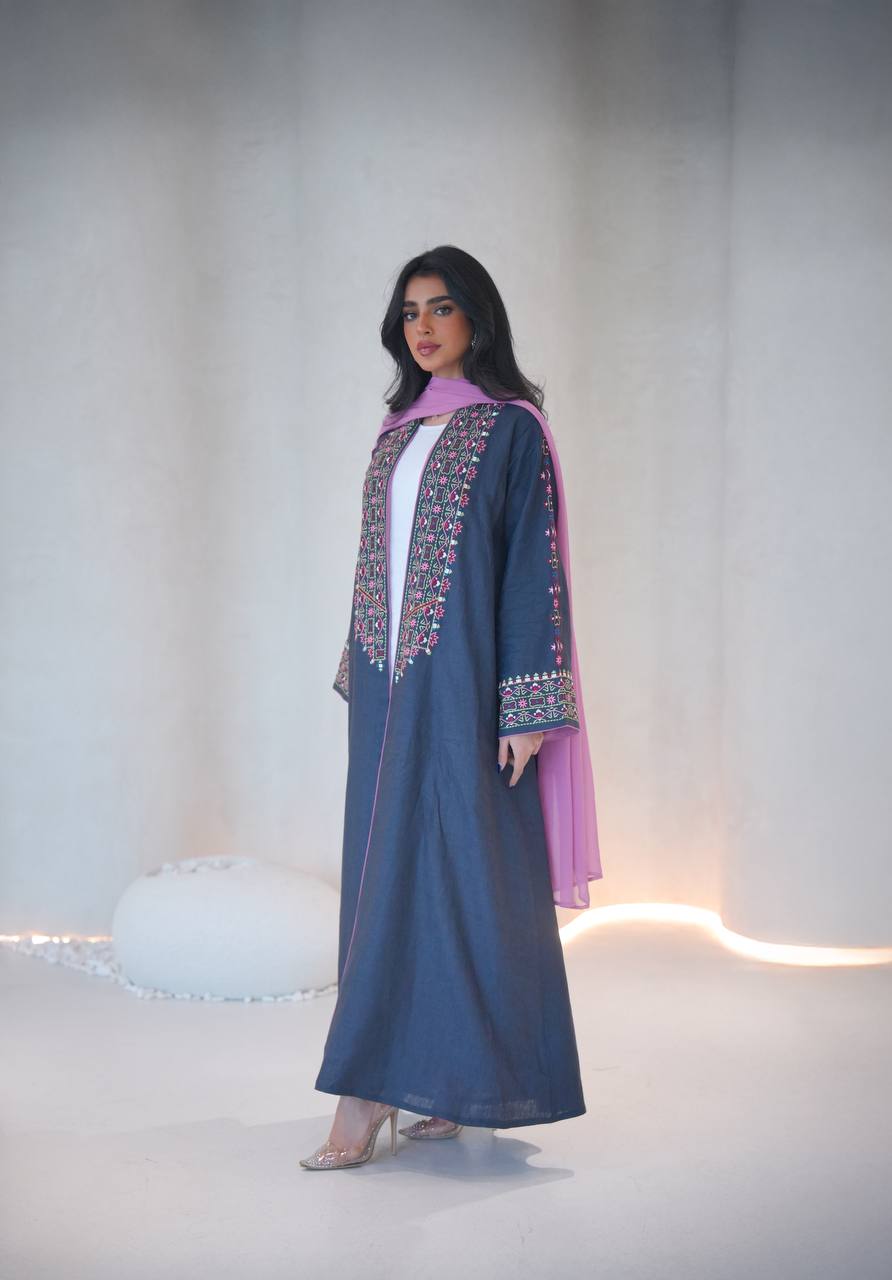 Linen abaya in navy blue with embroidery C:6604