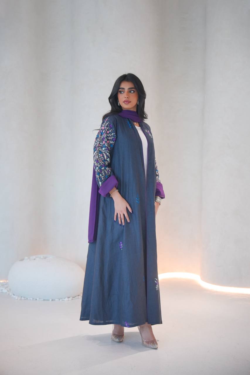 Navy linen abaya with embroidery C:6603