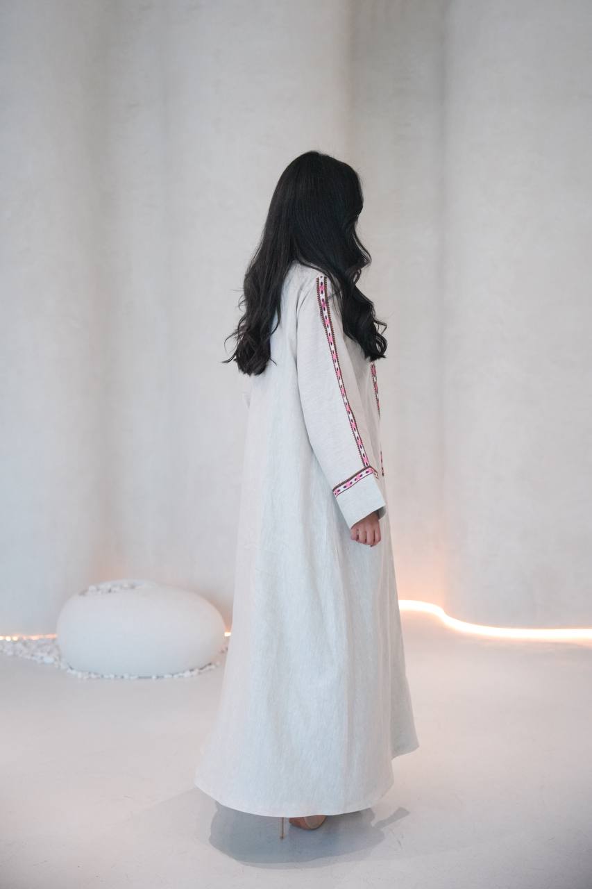 Linen abaya in light beige with embroidery C:6608