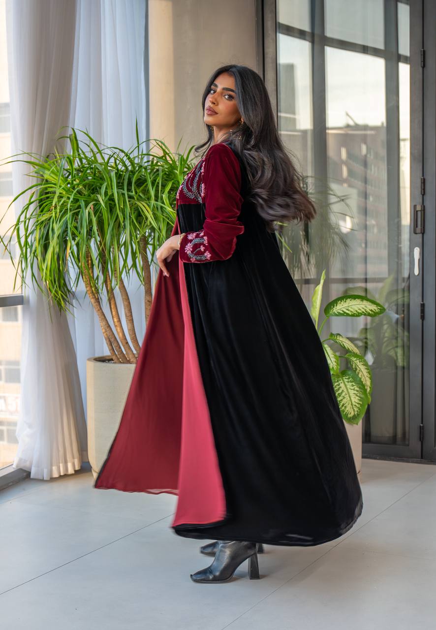 Black and burgundy velvet abaya with embroidery C:6569