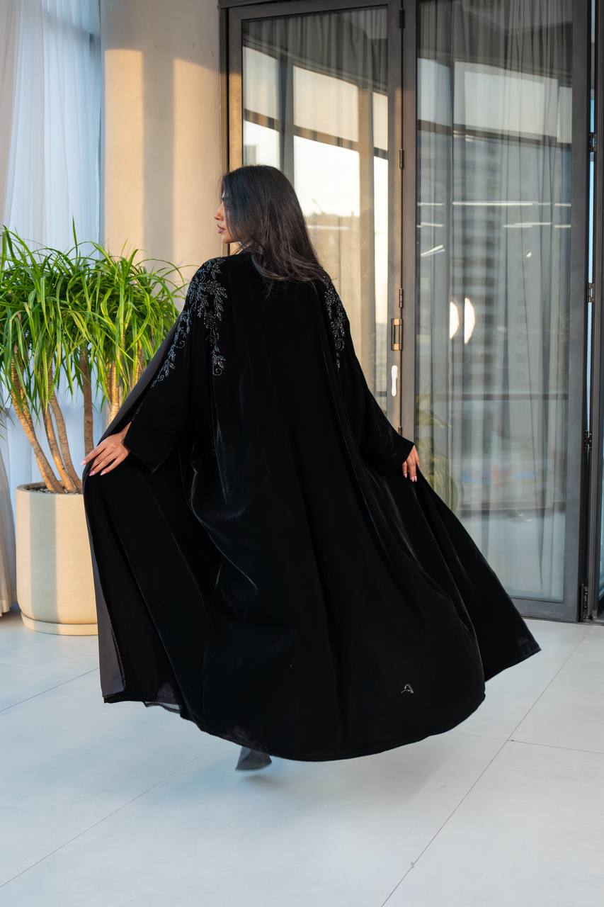 Black velvet bisht abaya with embroidery C:6228 (Free size)