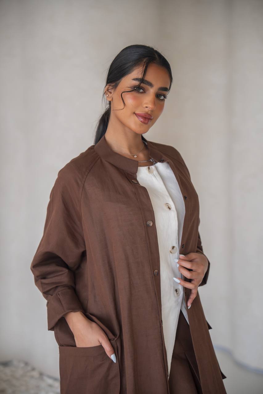 Brown linen abaya with inner set C:6639 Brown