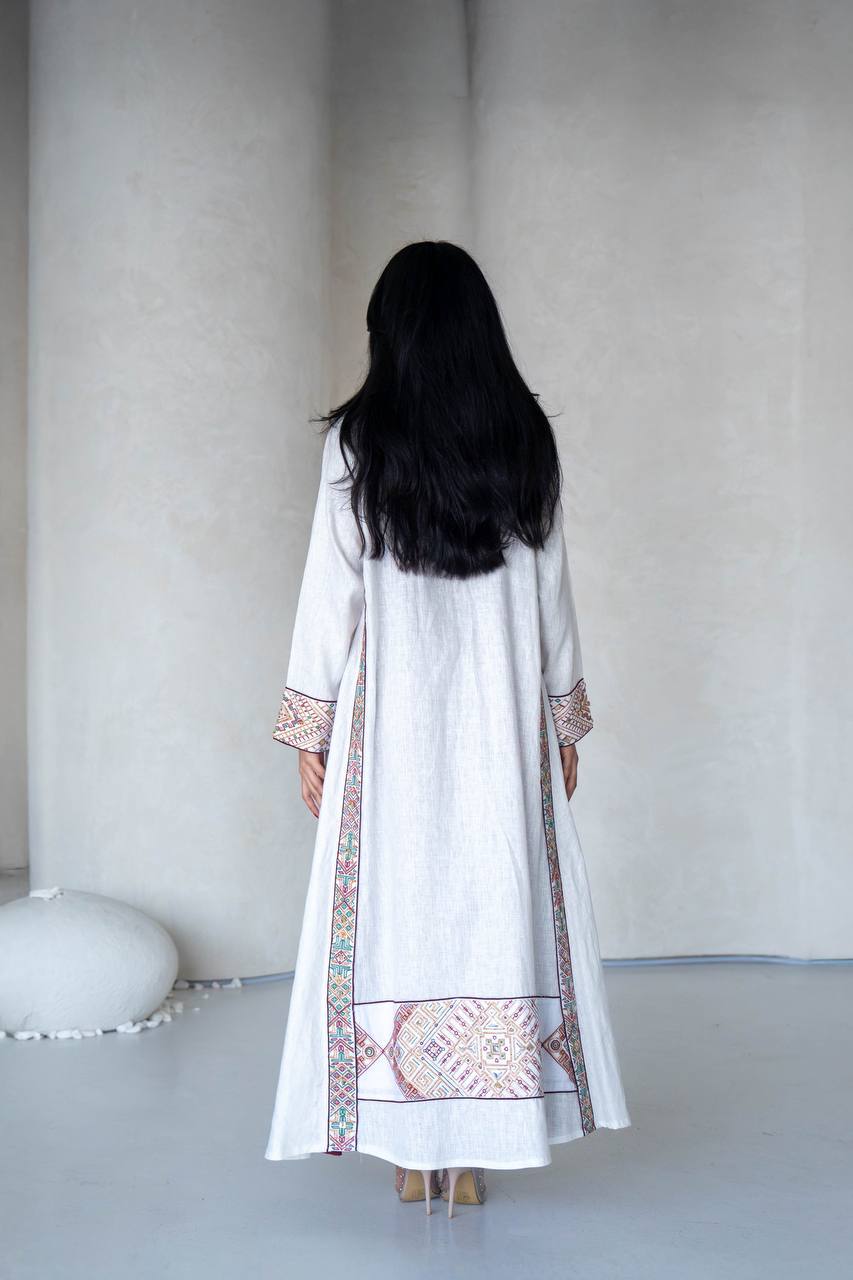 White Lenin Abaya with embroidery C:6589 White