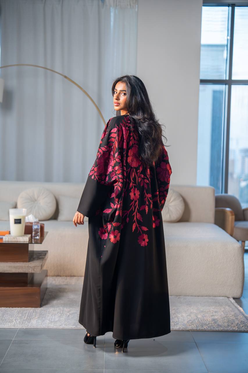 Black crepe abaya with red embroidery.C:6689