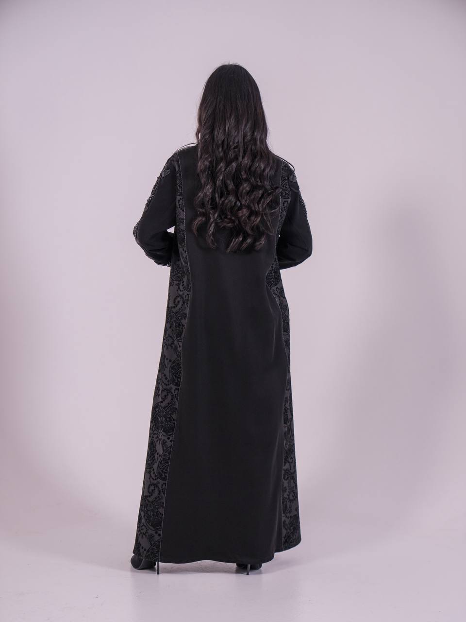 Crepe blazer abaya with black printed crepe and hand-stitched details.C:6733