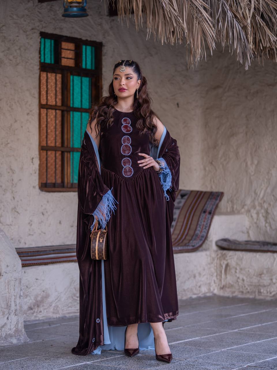 Bisht and dress set in brown velvet with hand embellishment.C:6718