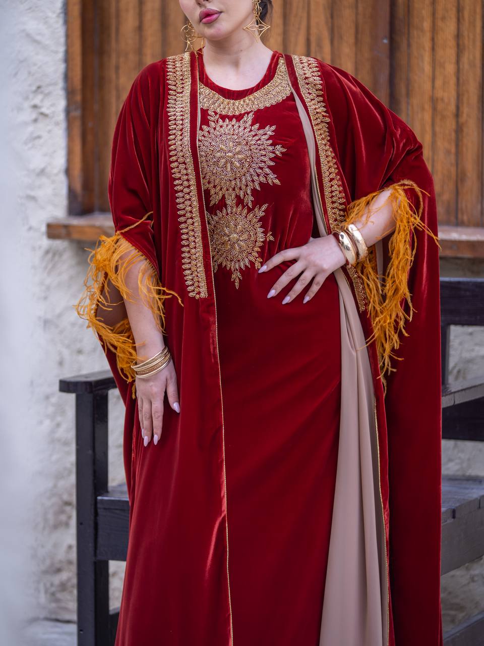 Bisht and dress set in burgundy velvet with hand embellishment.C:6714