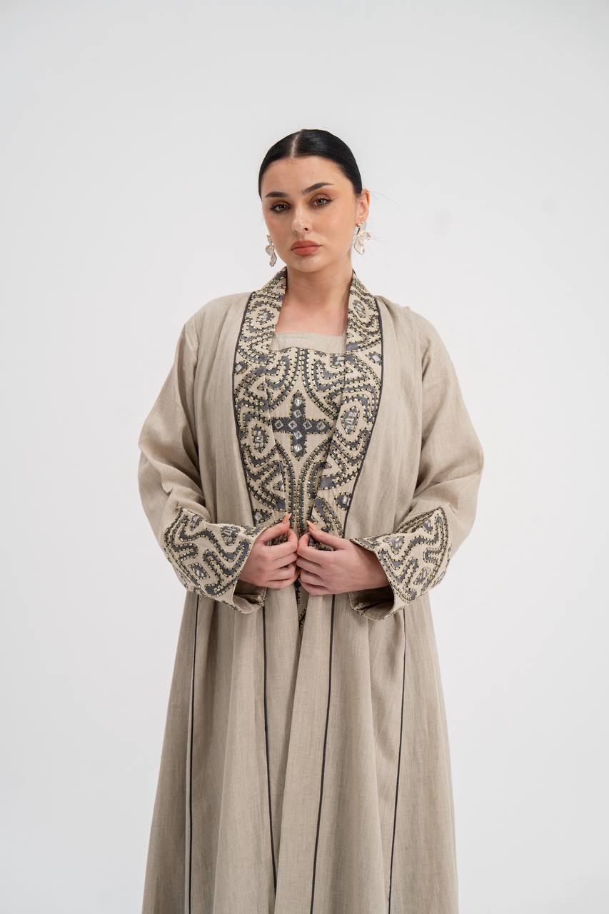 Linen abaya with beige embroidery (with inner set). C:6741