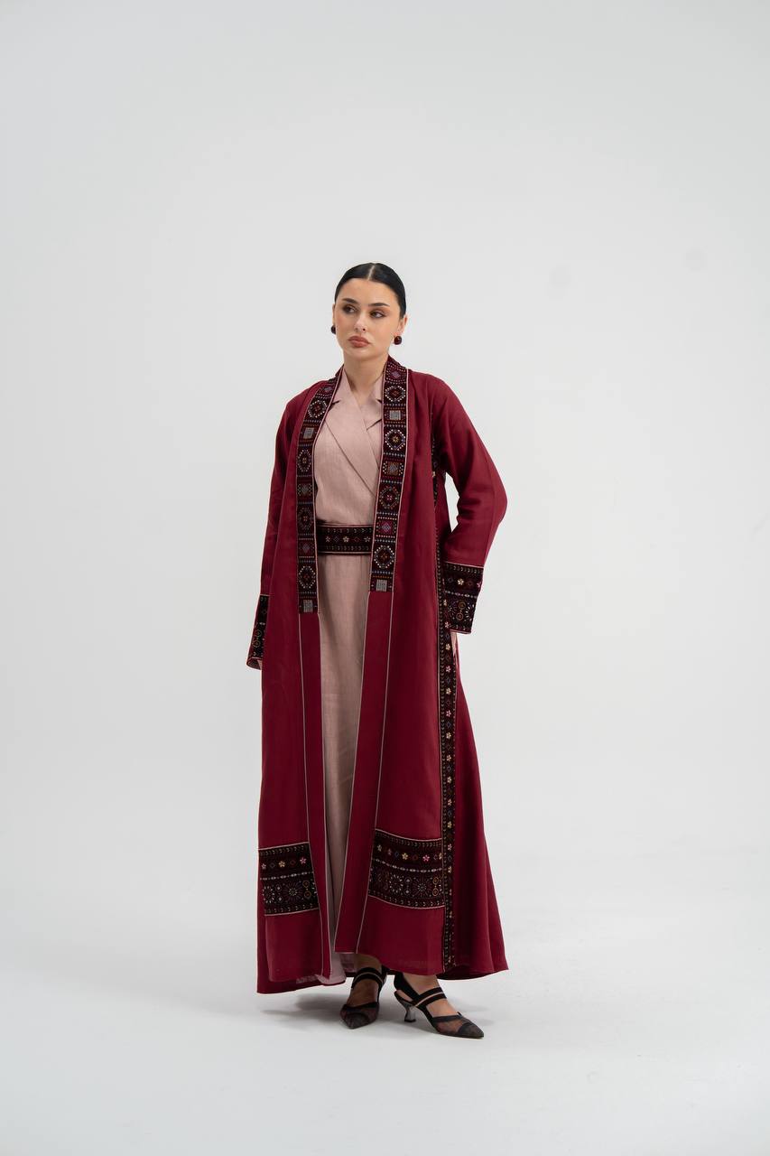 Red linen abaya with embroidery. C:6746