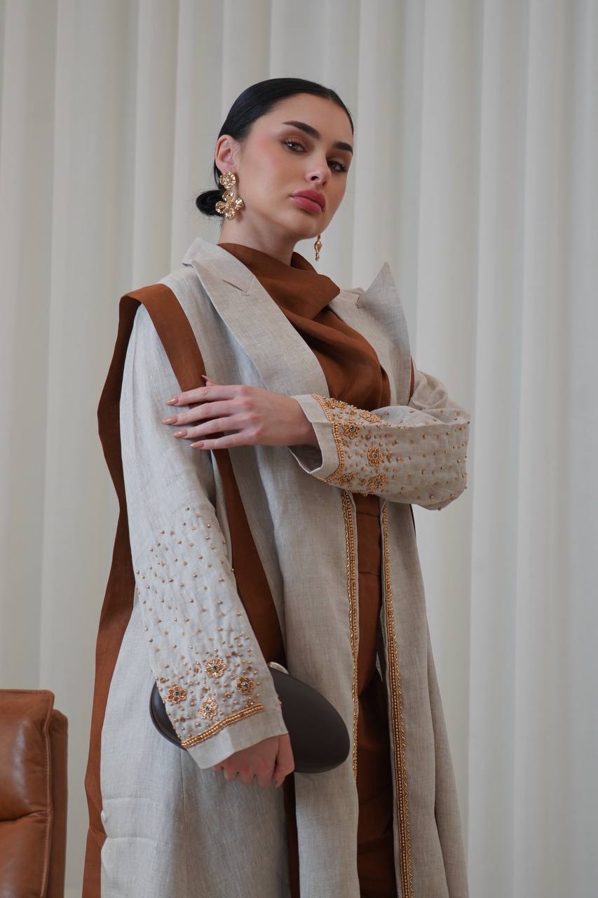 Beige linen blazer abaya with hand-stitched details.C:6751