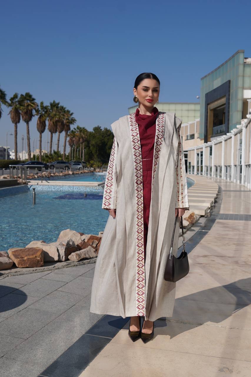 Beige linen abaya with embroidery. C:6758