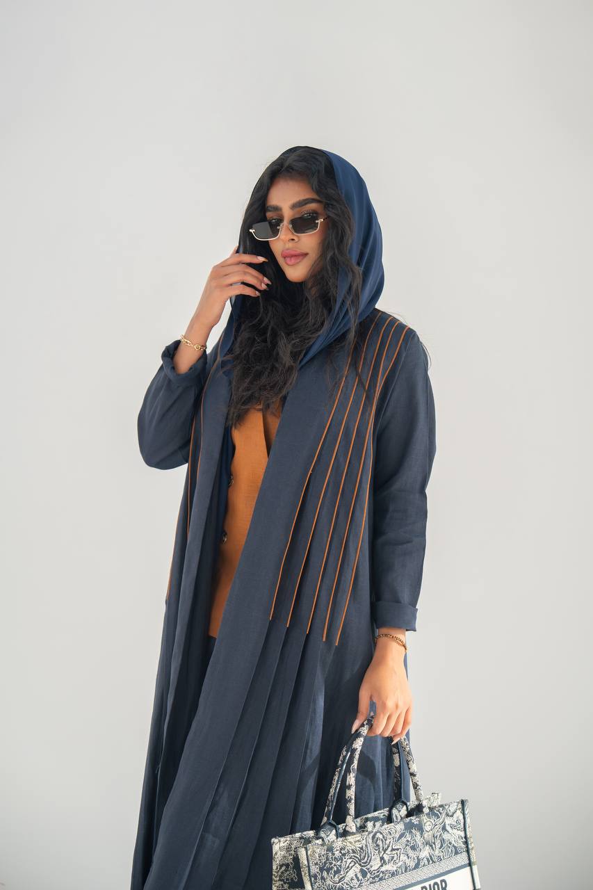 Navy blue linen abaya with inner set C:6637