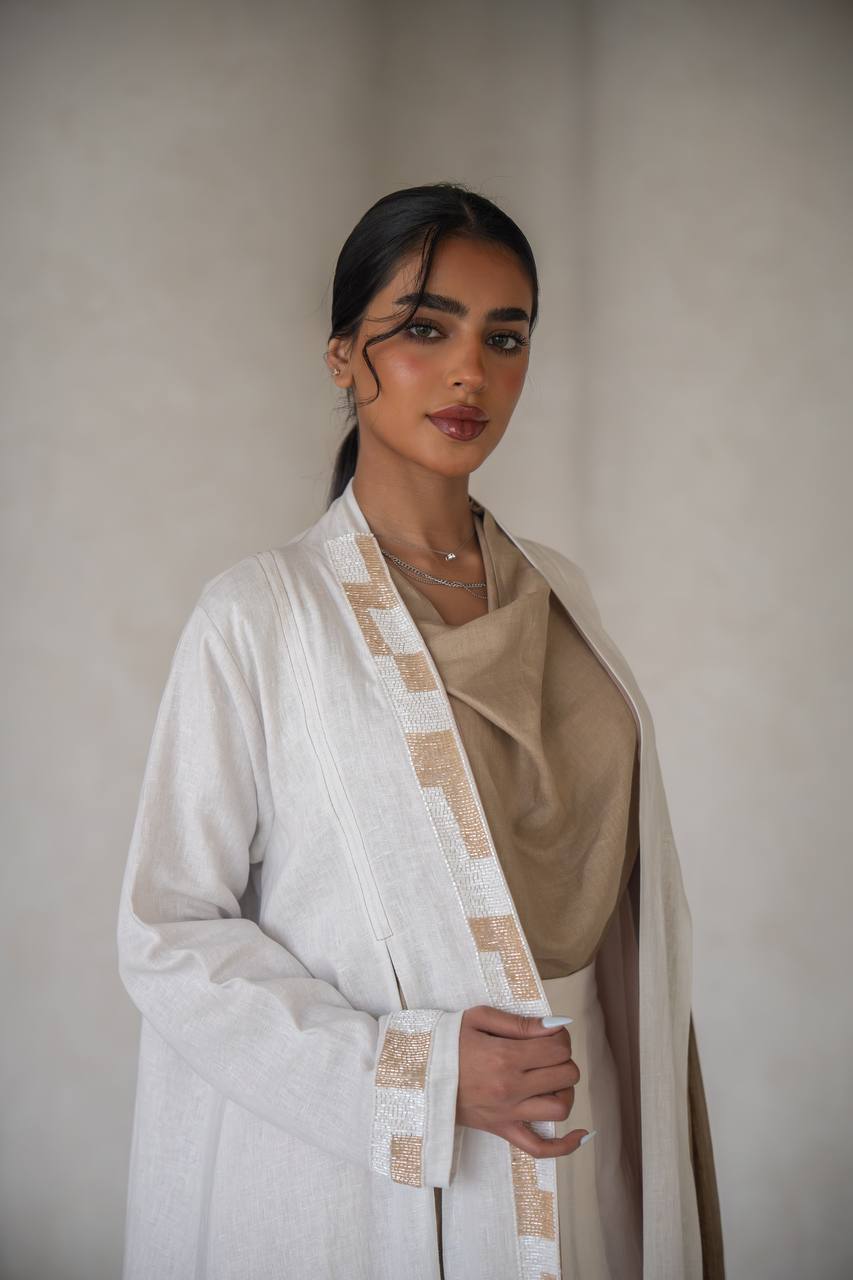 White linen abaya with inner set C:6640 White