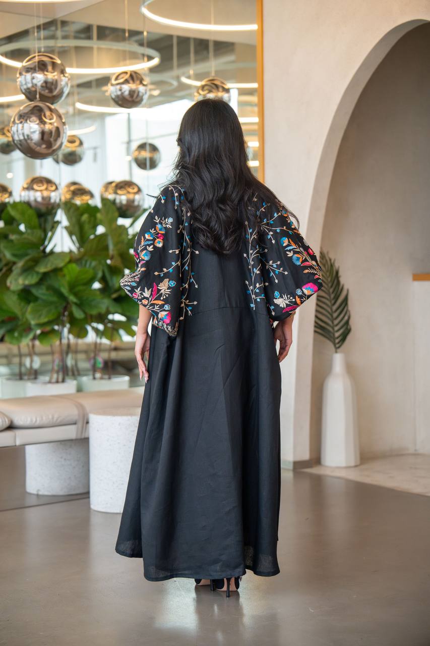 Free size black linen abaya with embroidery C:6631 Blue (Free size)