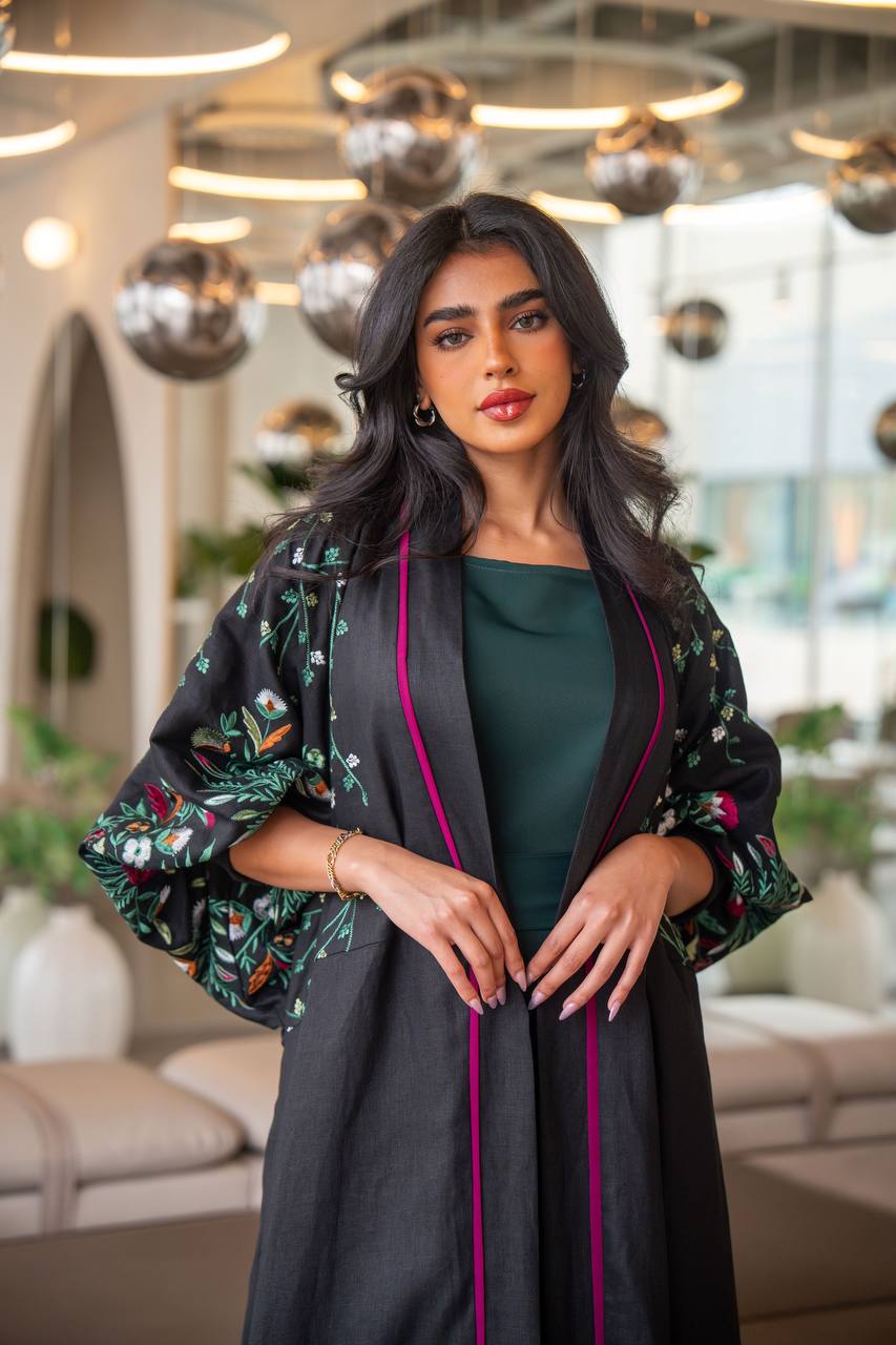 Free size black linen abaya with embroidery C:6631 GREEN (Free size)