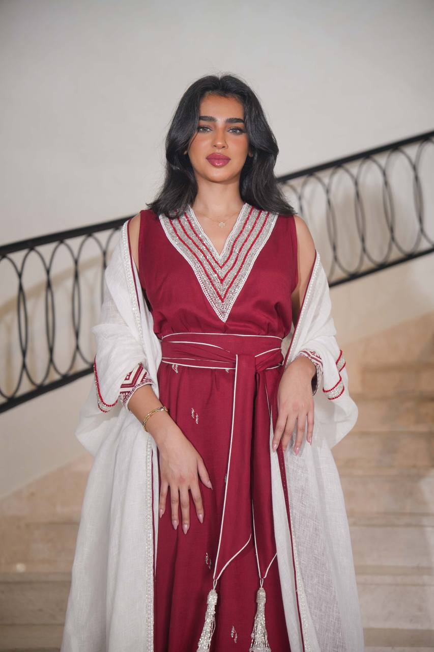 White burlap bisht with burgundy linen dress with embroidery C:6613