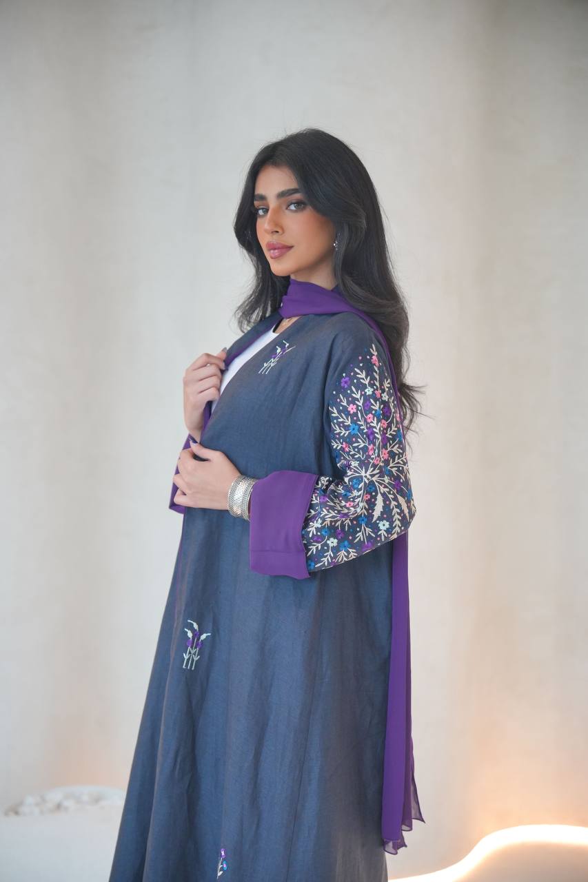 Navy linen abaya with embroidery C:6603