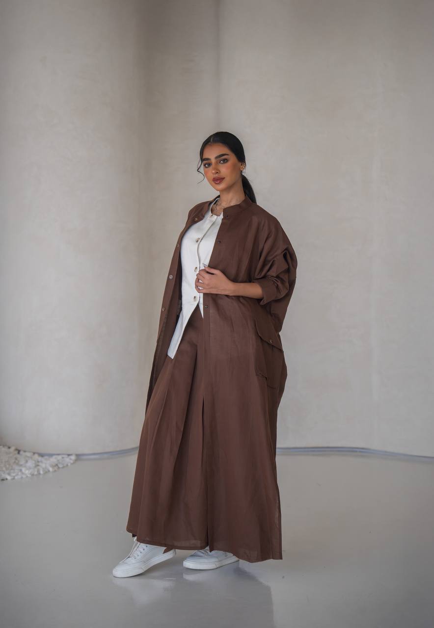 Brown linen abaya with inner set C:6639 Brown