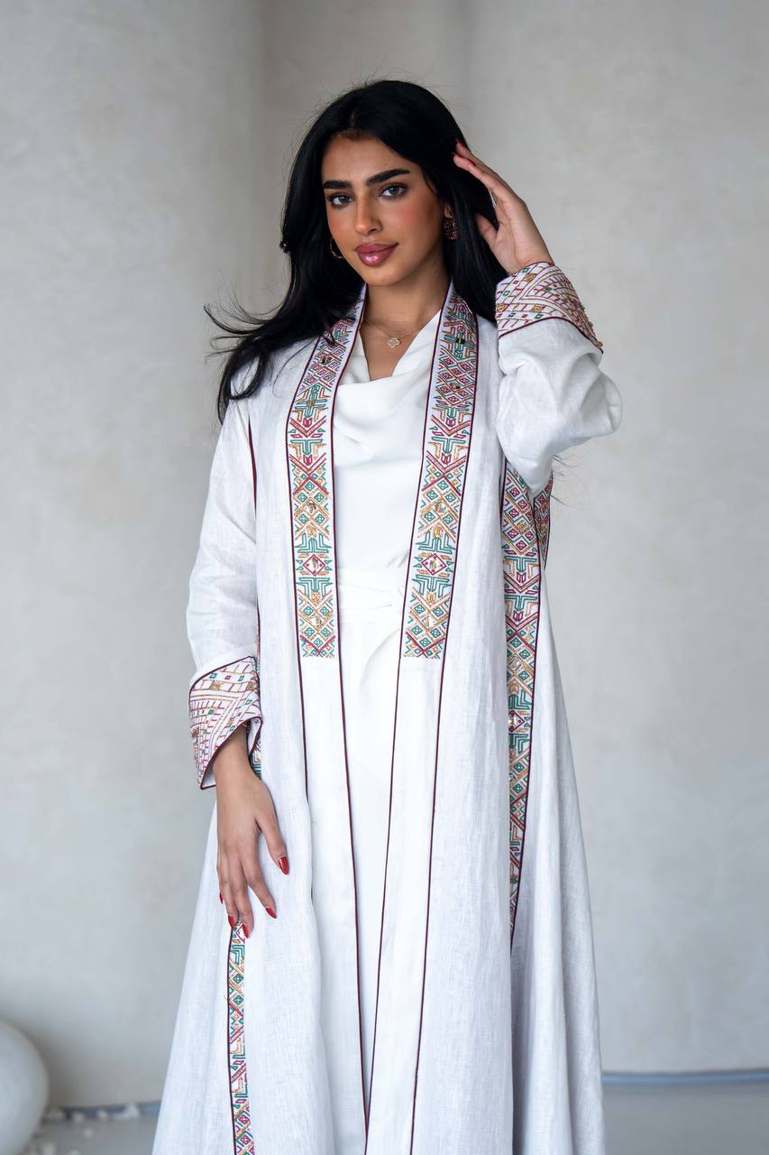 White Lenin Abaya with embroidery C:6589 White