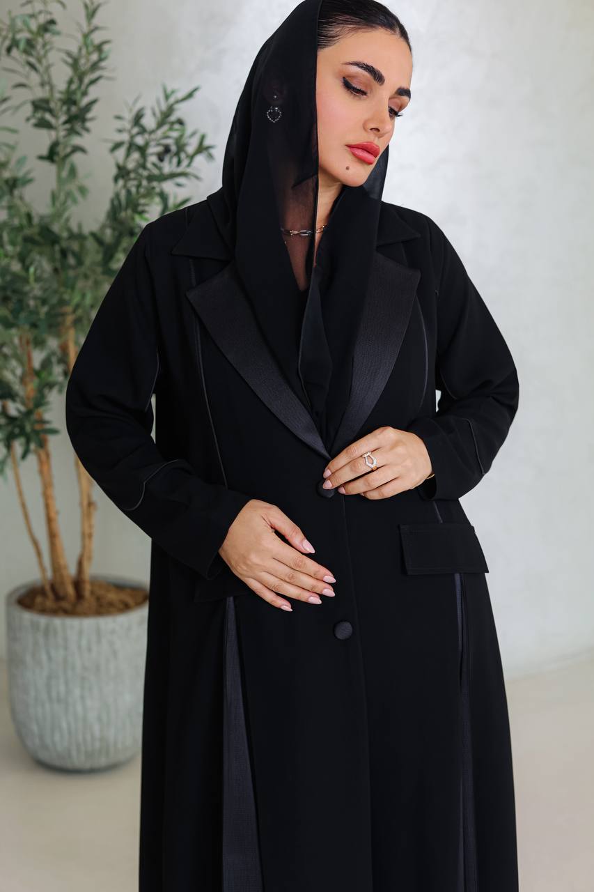 Crepe abaya with taffeta satin, black C:6673