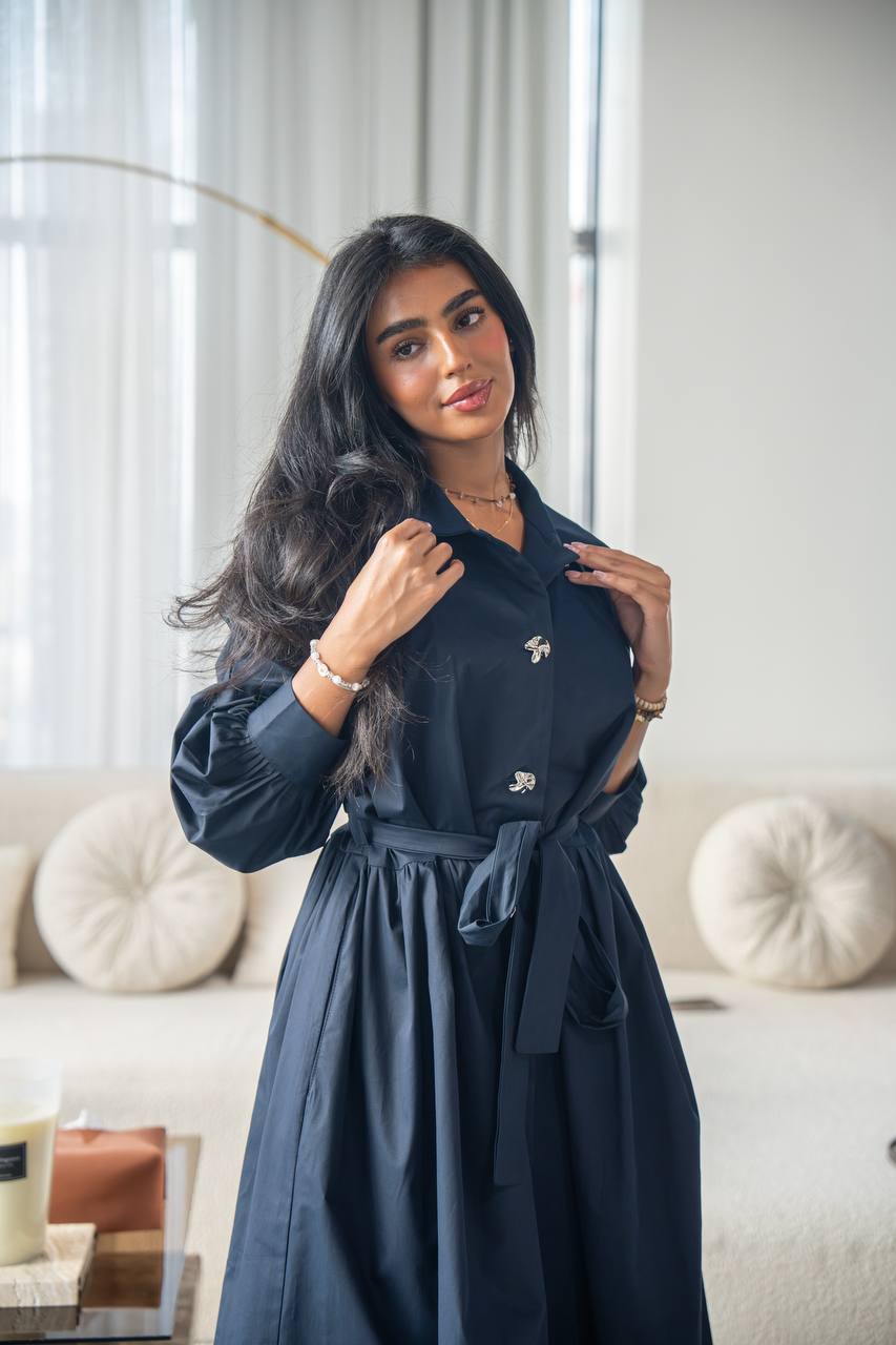 Elegant free size trench coat, in navy blue . C:6685 Navy