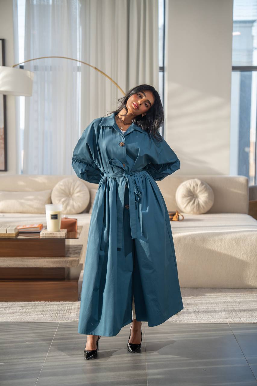 Free size trench coat in blue. C:6685 Blue