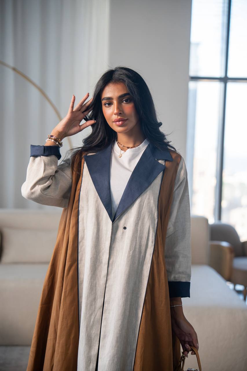 Beige and camel linen abaya. C:6686