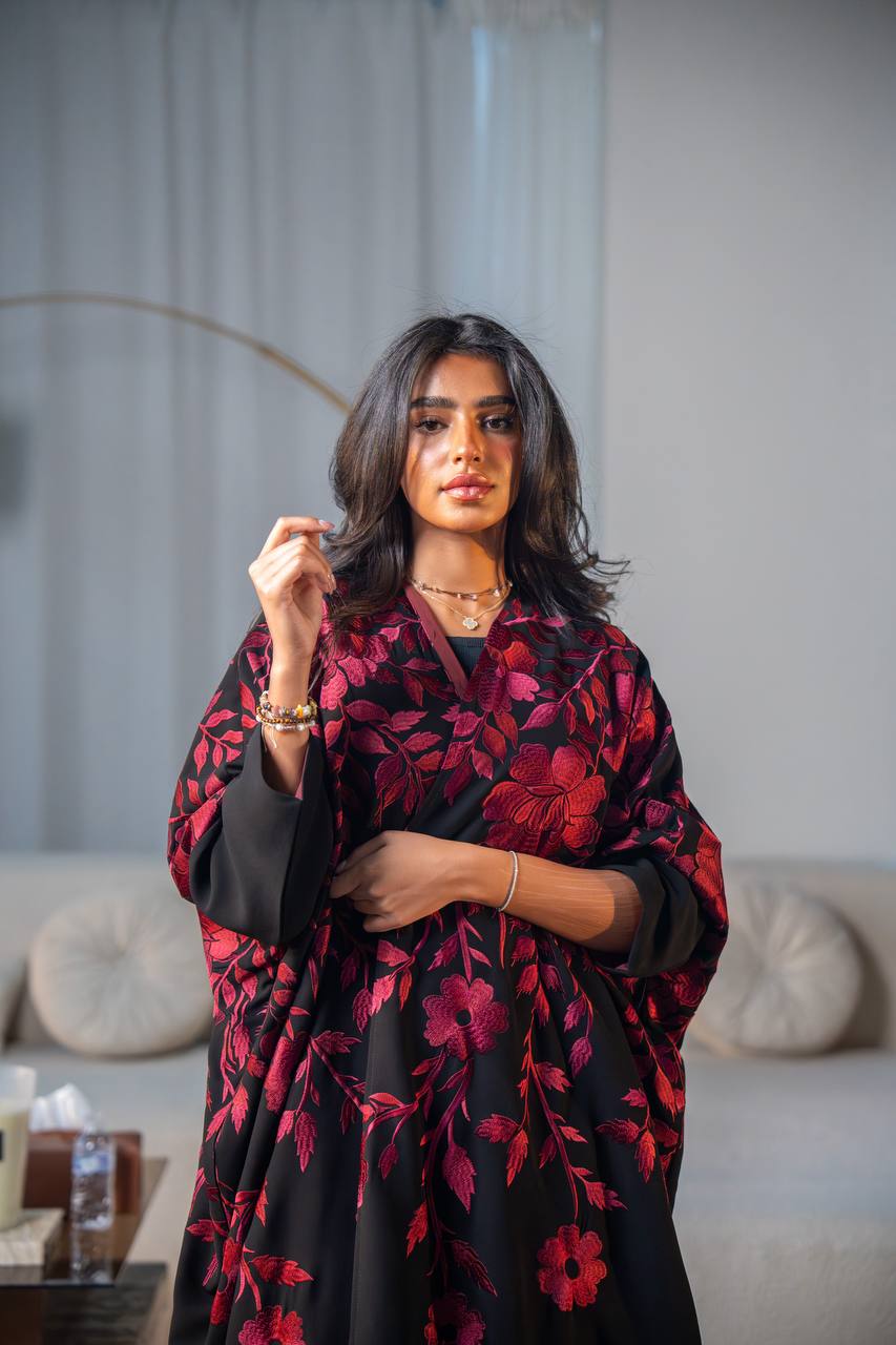 Black crepe abaya with red embroidery.C:6689