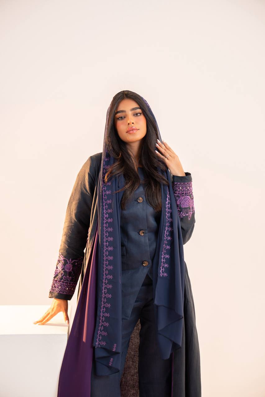 Navy blue linen abaya with purple embroidery. C:6691