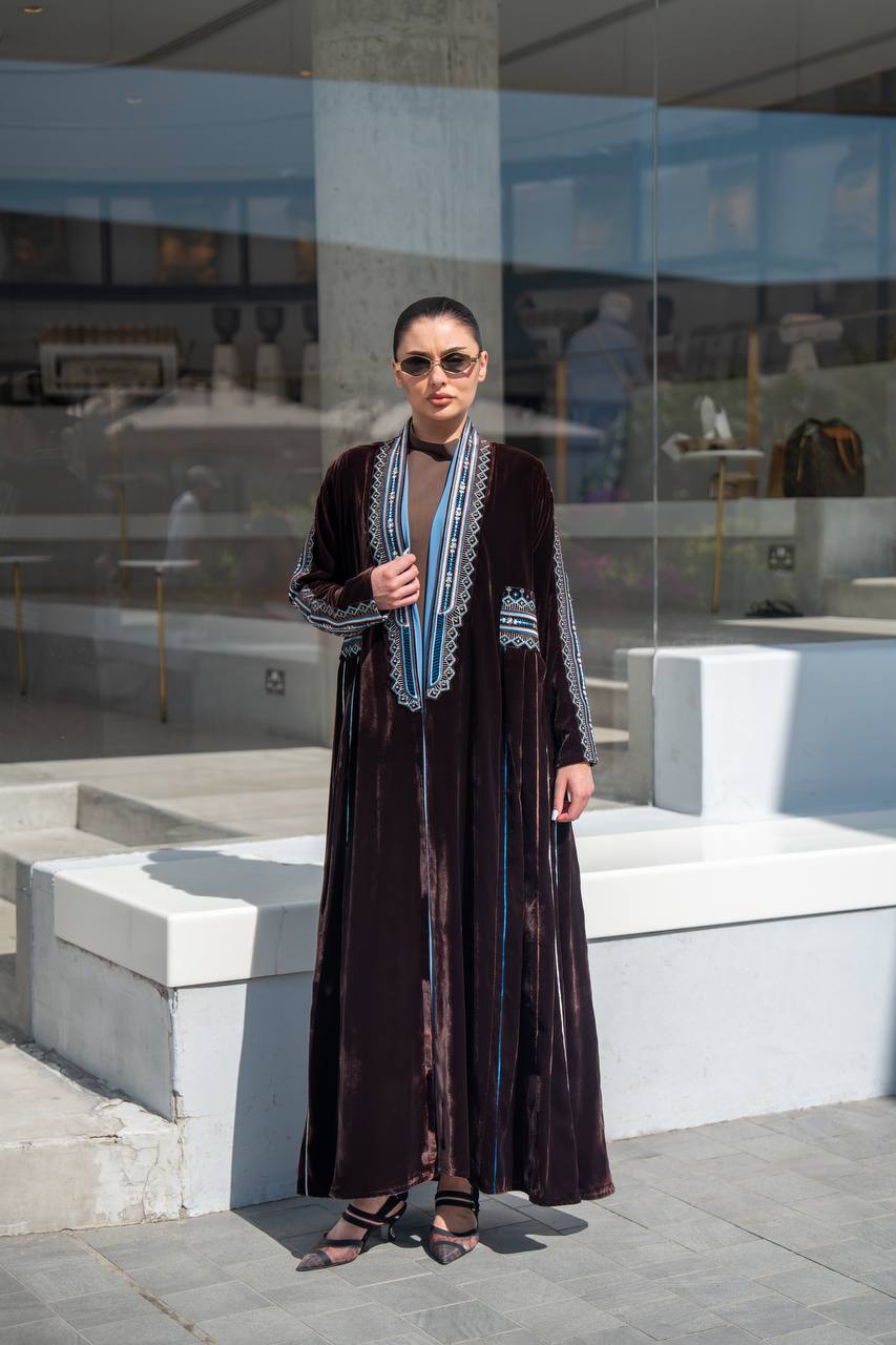 Brown velvet abaya with embroidery.C:6702