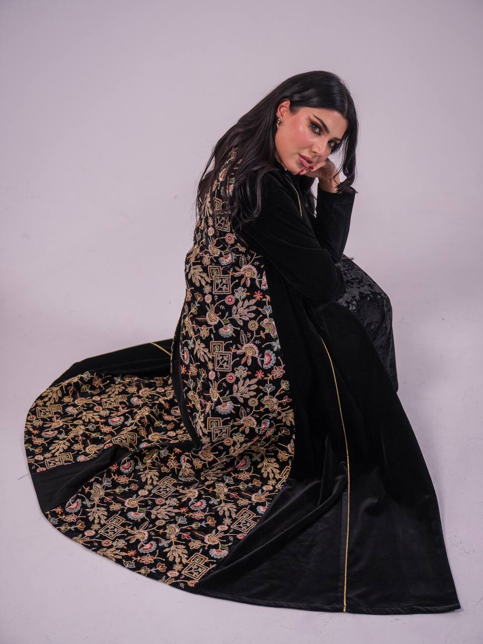 Plain velvet abaya with embroidered velvet. C:6736