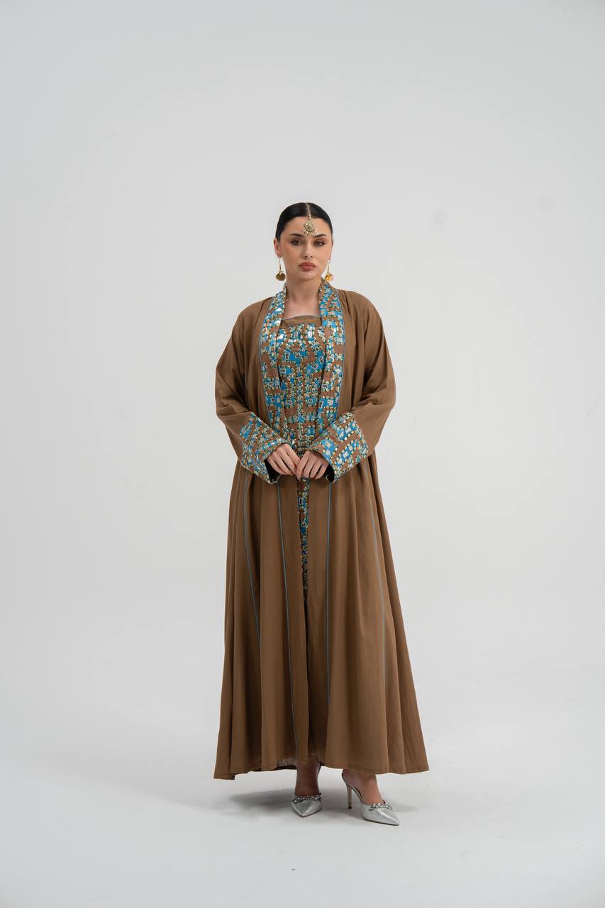 Linen abaya with embroidery (with inner set). C:6743