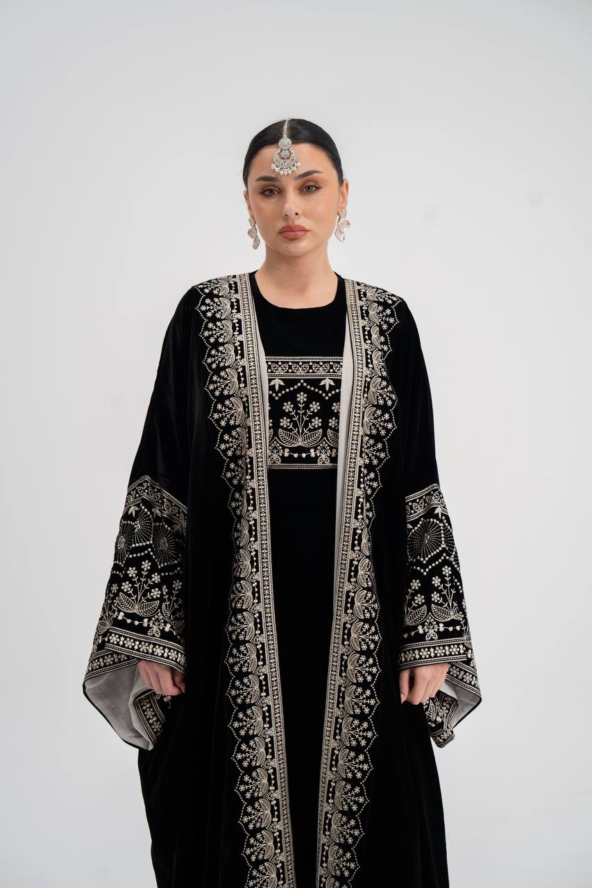 Black velvet abaya with embroidery (with inner set). C:6744