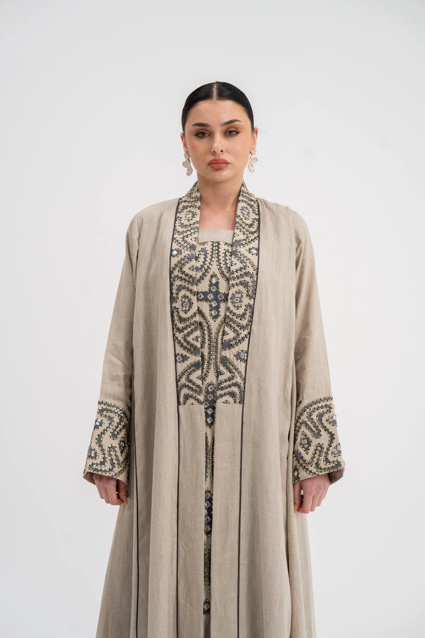 Linen abaya with beige embroidery (with inner set). C:6741